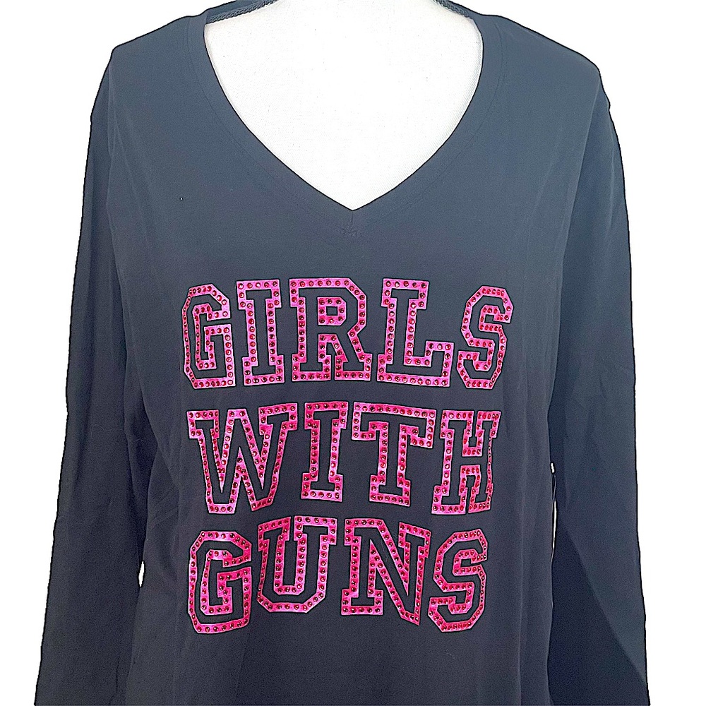 NWT Girls with Guns Black & Pink Long Sleeve V- Neck Tee Plus Size 2XL - Picture 2 of 11